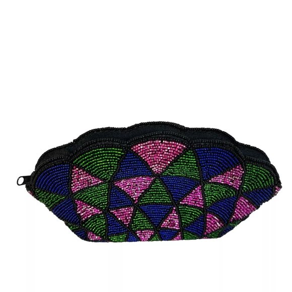 Vintage 80's Neiman Marcus Hand Beaded Shell Shaped Geometric Clutch With Zipper - Picture 4 of 11